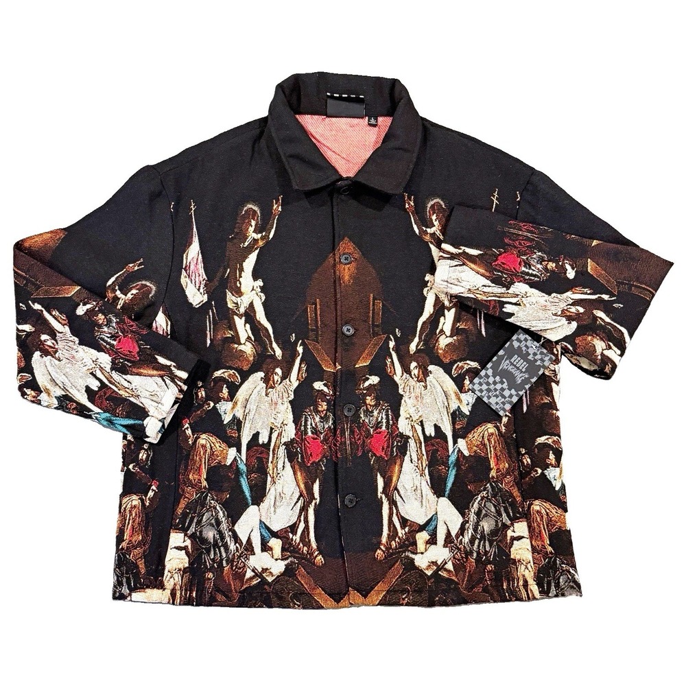 Rebel Vengeance Tapestry Jacket L NWT Renaissance Angel Sacred Art Woven Shirt